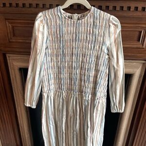 Frances Hart Striped Smocked Long Sleeve Dress Multicolor Medium